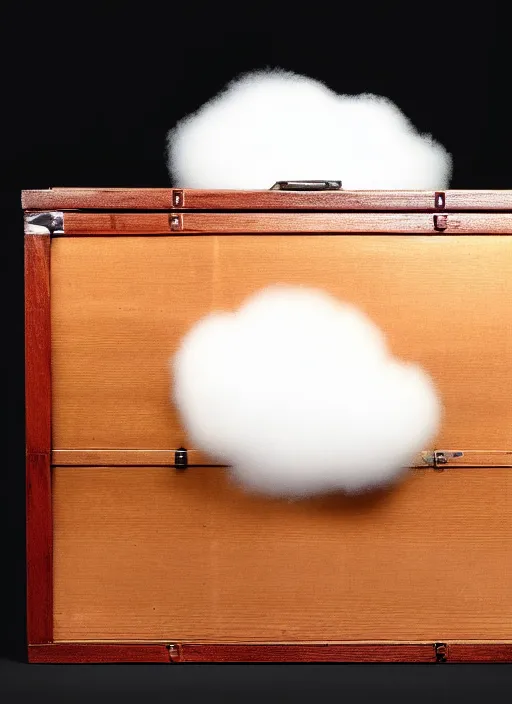 Image similar to realistic photo of white hairy cloud in a wooden box briefcase, front view, grain 1 9 9 0, life magazine reportage photo, metropolitan museum photo