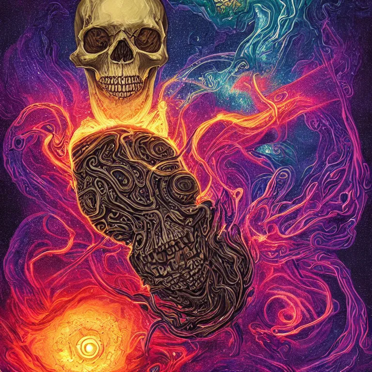 Prompt: a symmetrical composition of a giant skull with deep and intricate rune carvings and glowing eyes with thick lovecraftian tentacles emerging from a space nebula by dan mumford, twirling smoke trail, a twisting vortex of dying galaxies, digital art, vivid colors, highly detailed