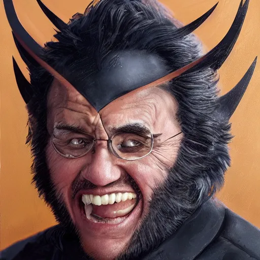 Image similar to danny devito as wolverine, full body portrait, full suit, claws out, oil on canvas, octane render, trending on artstation