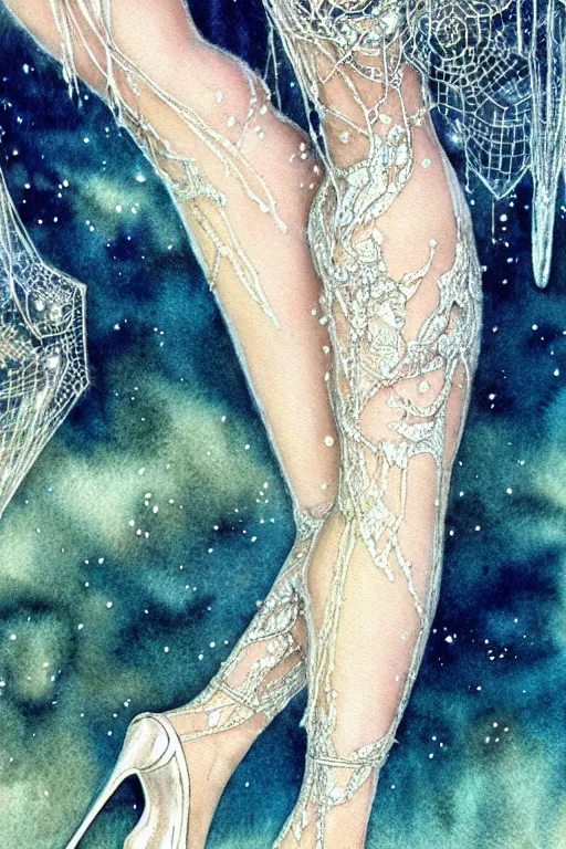 Image similar to realistic closeup of foot in crystal high heel shoe surrounded by lace fabric, fantasy art, trending on artstation, sleeping beauty fairytale, art by luis royo and walter crane and kay nielsen, watercolor illustration,