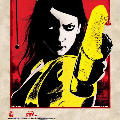 Prompt: kill bill movie poster with uma thurman swinging katana by tarantino, wlop and artgem, beautiful portrait, enhanced eye detail, exquisite hair and body