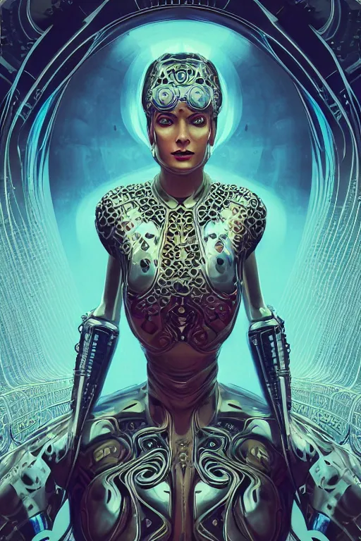 Image similar to retro-futuristic portrait of a beautiful female android wearing chrome armour, underwater, ornate background, ornate pattern, glowing eyes, evil expression, high details, intricate details, renaissance style, painting by vincent di fate, artgerm julie bell beeple, 80s, Smooth gradients, High contrast, depth of field, very coherent symmetrical artwork