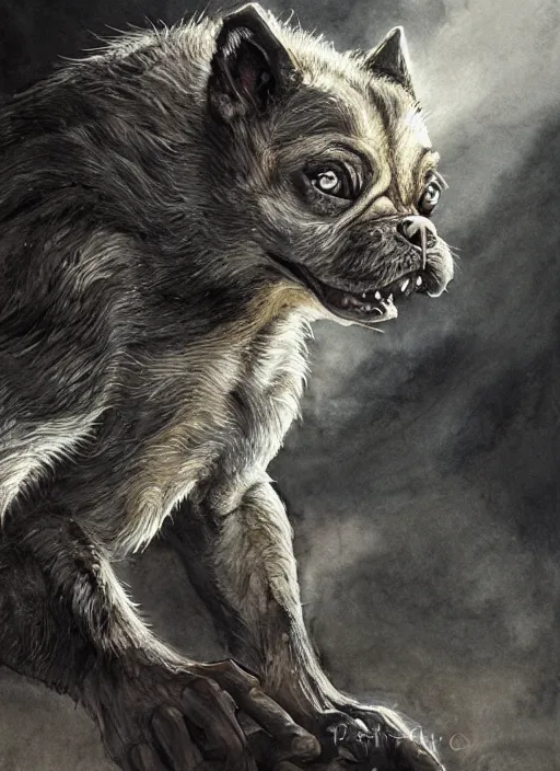 Image similar to werewolf pug, watercolor, dramatic lighting, cinematic, establishing shot, extremely high detail, foto realistic, cinematic lighting, pen and ink, intricate line drawings, by Yoshitaka Amano, Ruan Jia, Kentaro Miura, Artgerm, post processed, concept art, artstation, matte painting, style by eddie mendoza, raphael lacoste, alex ross