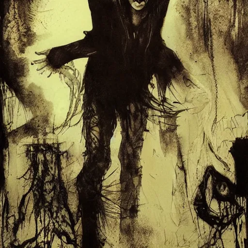 Image similar to gaunt ( the cure fan ) as dream from sandman, by jeremy mann, by cedric peyravernay, by ben templesmith, by dave mckean and richard avedon, dramatic lightning, sadness, closed eyes, dark eye sockets, in the shadows, black t - shirt, 1 9 8 0's, punk rock, gothic, high detailed, 8 k