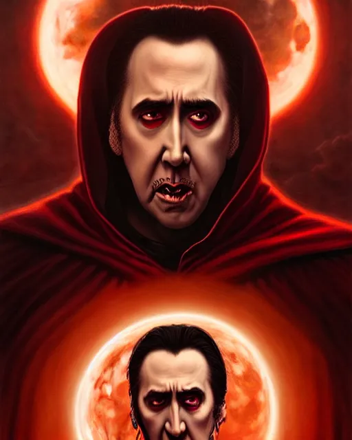 Prompt: nicolas cage as dracula, blood moon, highly detailed, centered, artstation, concept art, smooth, sharp focus, illustration, bokeh art by artgerm and donato giancola and joseph christian leyendecker