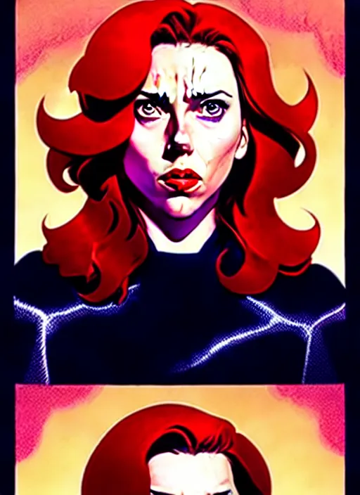 Prompt: rafeal albuquerque comic art, joshua middleton comic art, cinematics lighting, night time, pretty scarlett johansson black widow, big smirk, symmetrical face, symmetrical eyes, long red hair, full symmetrical body, flying in the air, jumping off rooftop