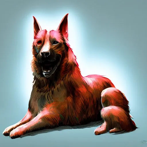 Image similar to cinematic portrait of strange kazakh drugged dog, concept art, glowing light