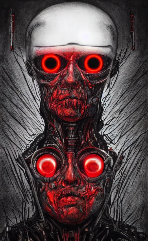 Image similar to portrait of terminator, glowing red eyes, by wayne barlow, stanley donwood, anton semenov, zdzislaw bekinski, hr giger, 8 k, fantasy, dark, highly detailed