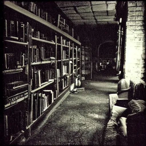 Image similar to a gloomy shadowy midnight crypt room full of darkness with bookshelves. contrast:0, brightness:0. tags: chiaroscuro, darkframe, gothic. Low contrast, dim. This is a dim image.