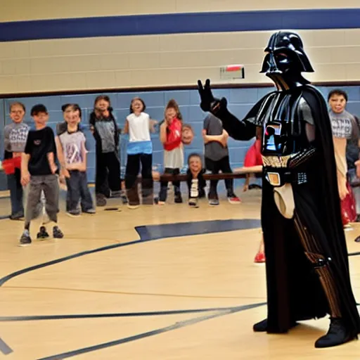 Prompt: Darth Vader playing dodgeball against middle school students