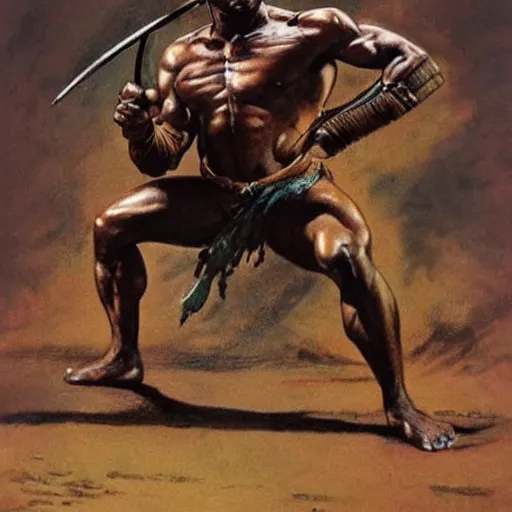 Image similar to a muscular warrior from sub - saharan africa, crouching and holding a weapon. frank frazetta, earl norem, bob larkin.