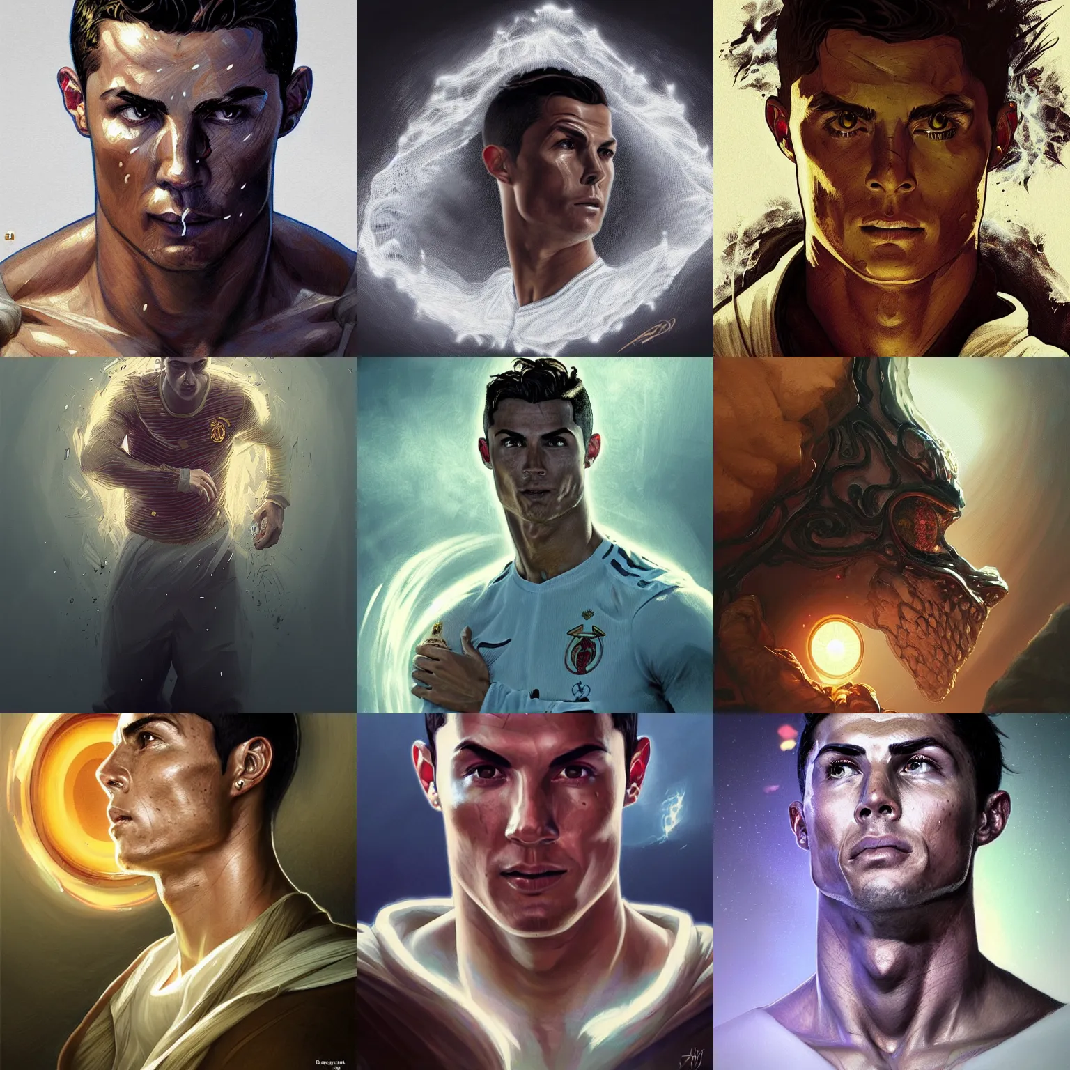 Prompt: Portrait of Cristiano Ronaldo, white glowing eyes, fantasy, extremely detailed, digital painting, artstation, concept art, smooth, sharp focus, illustration, stunning lighting, art by artgerm and greg rutkowski and alphonse mucha and simon stalenhag, realistic character concept, high fantasy, light atmosphere, golden ratio, cinematic lighting, hyperdetailed, high resolution, insanely detailed and intricate, artstation, Marc Simonetti, Greg Rutkowski, 8k