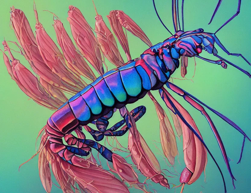 Prompt: mantis shrimp faerie. gouache painting by award - winning mangaka, chiaroscuro, bloom, backlighting, intricate details