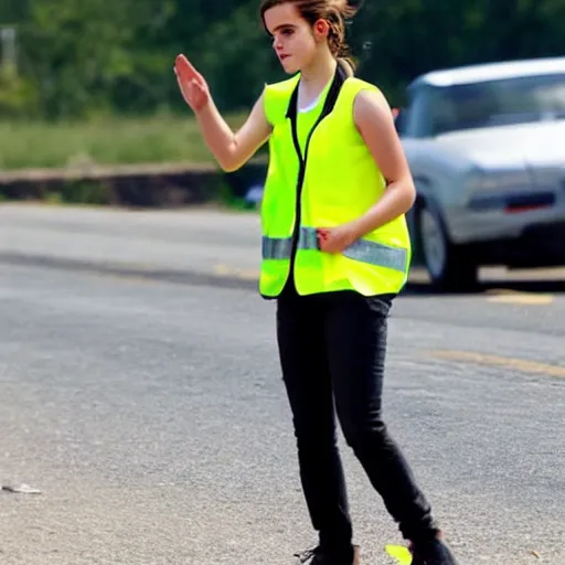 Image similar to emma watson in a hi vis vest picking up trash on the side of the interstate. paparazzi photo,
