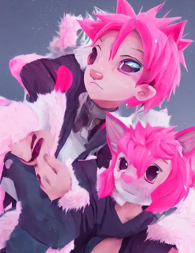 Prompt: cute anime boy with pink hair and pink wolf ears and pink wolf tail wearing stylish clothes. very detailed digital painting, trending on artstation, octane render, random artists