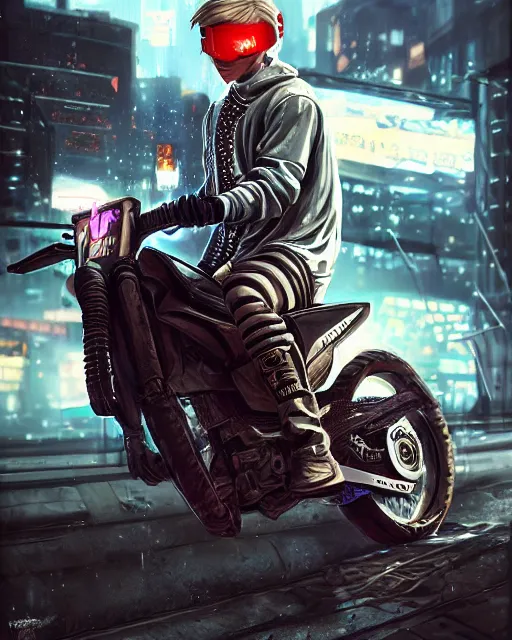 Image similar to beautiful blonde teenage boy wearing cyberpunk intricate streetwear riding dirt bike, beautiful, detailed portrait, cell shaded, 4 k, concept art, by wlop, ilya kuvshinov, artgerm, krenz cushart, greg rutkowski, pixiv. cinematic dramatic atmosphere, sharp focus, volumetric lighting, cinematic lighting, studio quality