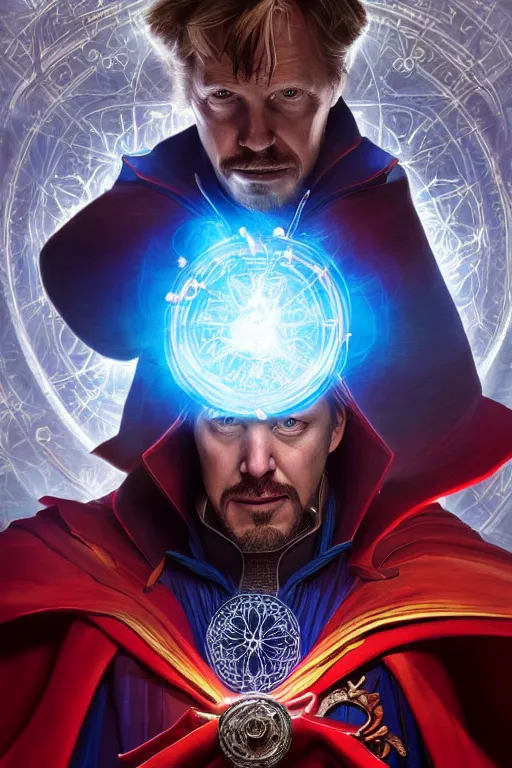 Image similar to Boris Johnson as Doctor Strange, portrait, Sanctum Sanctorum, highly detailed, digital painting, artstation, concept art, smooth, sharp focus, illustration, cinematic lighting, art by artgerm and greg rutkowski and alphonse mucha