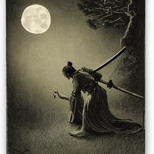 Image similar to silhouette, samurai wielding a sword, moon, forest, night, chiaoscuro, illustration by Gustave Doré