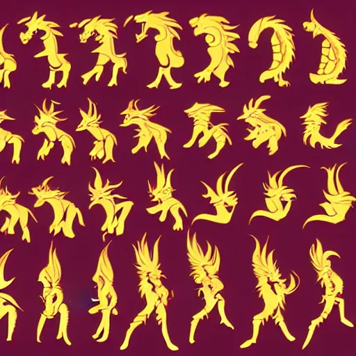 Prompt: Walking animation sprite sheet of dragon by Don Bluth