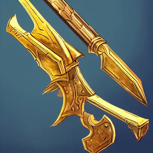 Image similar to a magical golden weapon, d & d, league of legends, concept art, blue background, dramatic lighting. realistic - h 7 6 8