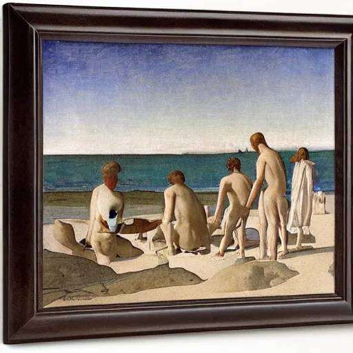Prompt: young men by the beach by Puvis de Chavannes