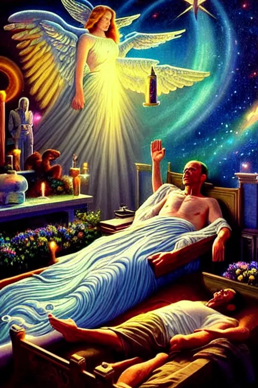 Prompt: a photorealistic detailed cinematic image of a man on his deathbed, assisted to the afterlife by iridescent angels. met by friends and family, pets, memories, overjoyed, emotional, compelling, by pinterest, david a. hardy, kinkade, lisa frank, wpa, public works mural, socialist