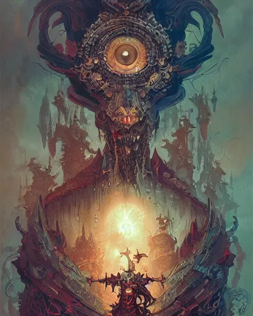 Image similar to Evil, chaos, hypermaximalist, ornate, horror, Peter Mohrbacher, Marc Simonetti, Mike Mignola, detailed, intricate ink illustration, symmetry, bloodborne, colorful