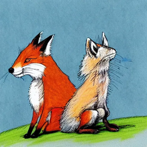 Prompt: ralph steadman style drawing of a fox and rabbit playing together, very detailed