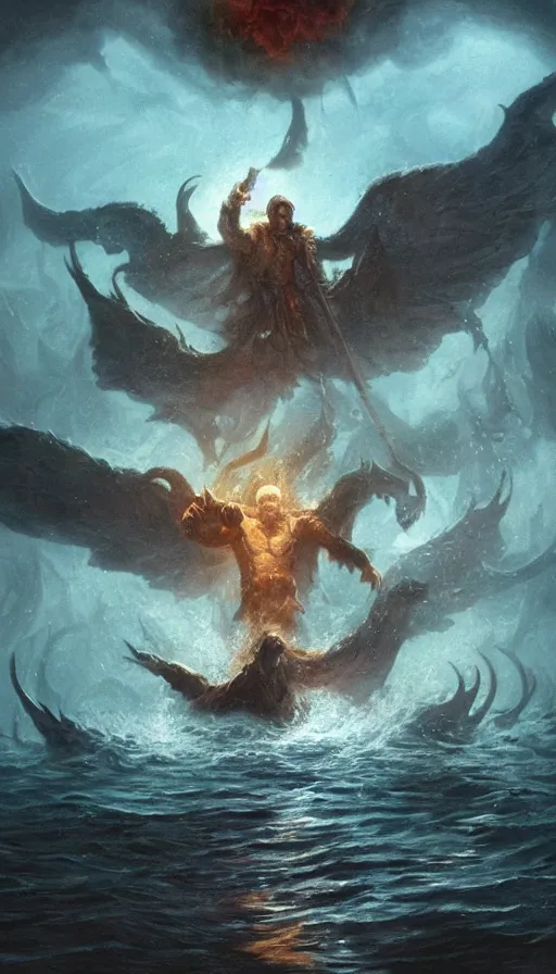 Image similar to man on boat crossing a body of water in hell with creatures in the water, sea of souls, from magic the gathering