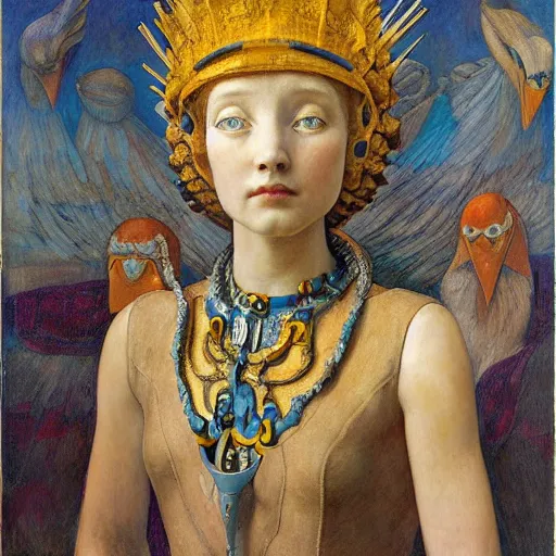 Image similar to the young robot queen with her feathered bird mask, by annie swynnerton and diego rivera and elihu vedder, symbolist, dramatic lighting, elaborate geometric ornament, head and shoulders view, art brut, soft cool colors, smooth, sharp focus, extremely detailed, adolf wolfli and donato giancola