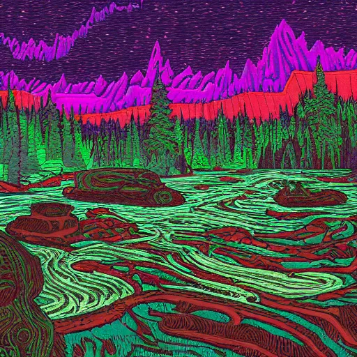 Image similar to thegodric forest settee monolithic monuments by dan mumford and tom thomson, 8 k resolution digital art. lot of neons. trending on artstation. psychedelic luminus rapids vault biscuit