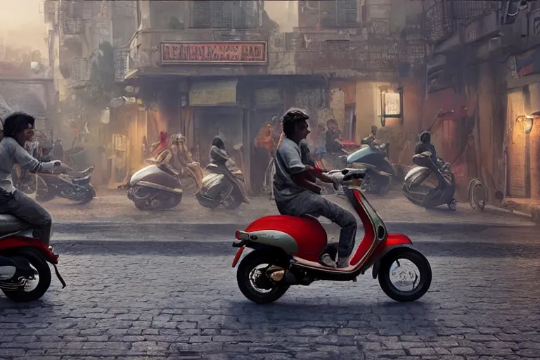 Image similar to moped scooter racing on the street, hyper realistic, very detailed, dramatic scene, realistic lighting, dark fantasy, 4 k, in the style of greg rutkowski