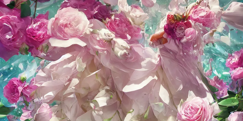 Image similar to action shot of magic invisible force blade slicing through a bouquet of white and pink roses, flowers exploding and splattering, big puffy clouds, exploding roses, large rose petals, lotus petals, large polygonal background elements, large polygons, studio ghibli anime, radiant lighting, artgerm, manga, trending on artstation, art nouveau, mature colors