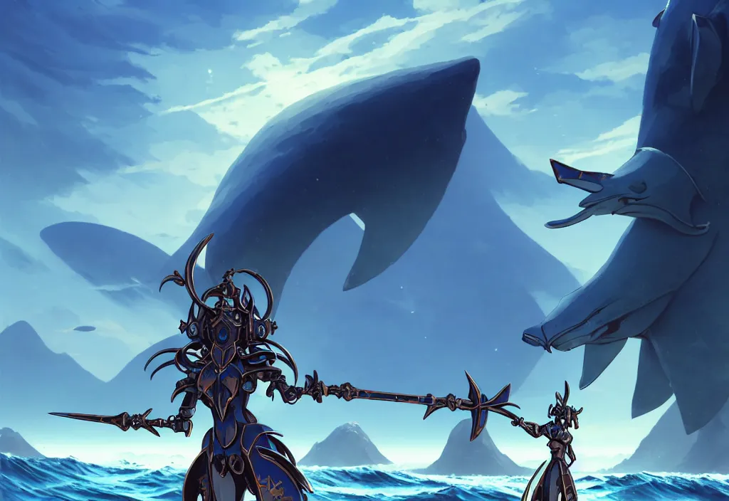 Image similar to close up of a mech armor witch holding a trident, extremely beautiful and aesthetic and detailed cute face and body, back shark fin, big wave horizon, specular reflection, occlusion shadow, dynamic pose, slightly smiling, blue sky, big blade whale and black giants minotaurus, fantasy illustrations, by makoto shinkai and peter mohrbacher and ferdinand knab