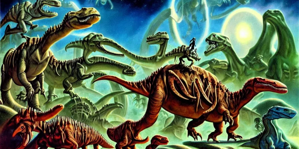 Prompt: metalheads riding dinosaurs in the space jungle, boris vallejo style, lord of the rings