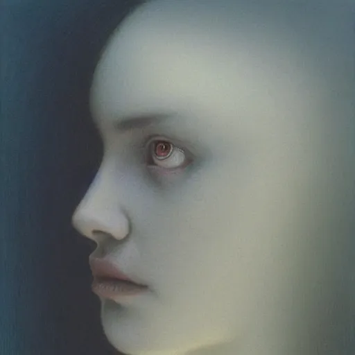 Prompt: portrait of female teen with pale white skin and short black hairs, by Beksinski