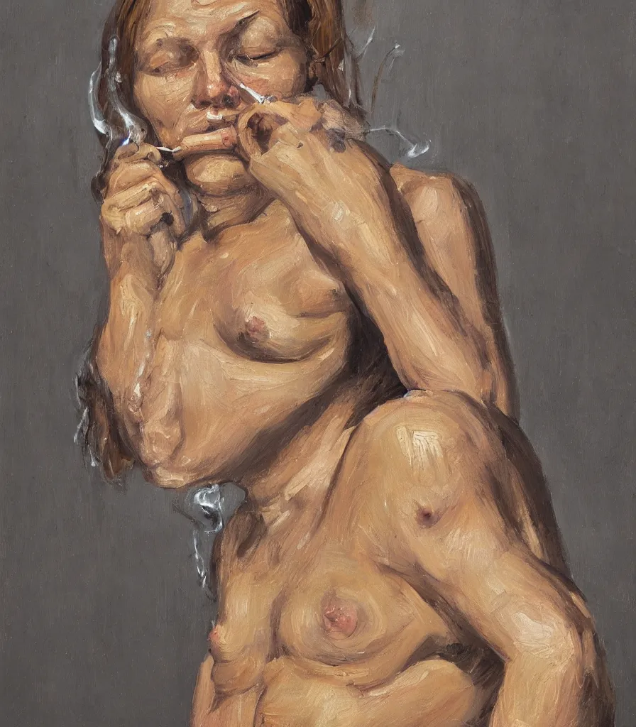 Image similar to the face and shoulders of a young woman without shirt in the style of lucian freud. smoking a cigarette. one hand is reaching behind he head. face has many wrinkles, cuts and character. he is looking down. oil painting, thick brush strokes. shadows. clean gray brown background. lit by a single light from above his head. perspective from below. 5 0 mm