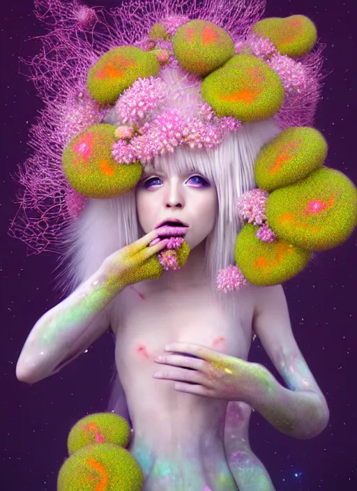 Image similar to hyper detailed 3d render like a Oil painting - kawaii portrait Aurora (white haired Singer Ferret) seen Eating of the Strangling network of yellowcake aerochrome and milky Fruit and Her delicate Hands hold of gossamer polyp blossoms bring iridescent fungal flowers whose spores black the foolish stars by Jacek Yerka, Mariusz Lewandowski, Houdini algorithmic generative render, Abstract brush strokes, Masterpiece, Edward Hopper and James Gilleard, Zdzislaw Beksinski, Mark Ryden, Wolfgang Lettl, hints of Yayoi Kasuma, octane render, 8k