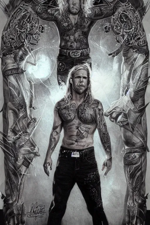 Image similar to Photorealistic Portrait of frontal standing pose torso of a very attractive muscular Jax Teller all his skin covered by dark grim themed tattoos: surrounded by magic lightings overlays, Intricate, concept art, magic lighting overlays, magical portal opened, D&D!, fantasy style, sharp focus!, ultra detailed, art by Artgerm and Peter Andrew Jones, WLUP, Magali Villeneuve