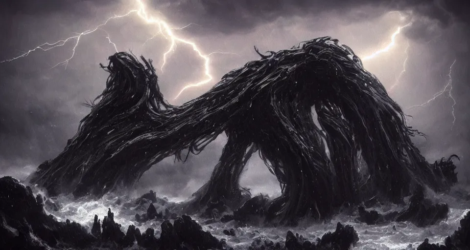 Image similar to black covered in lovecraftian eldritch!! giant creature!! wrapped in clouds on a black desert, being found by explorers, snowy, windy, by eugene von guerard, ivan shishkin, night, lightning!!, storm!, dramatic lighting, concept art, trending on artstation, 8 k