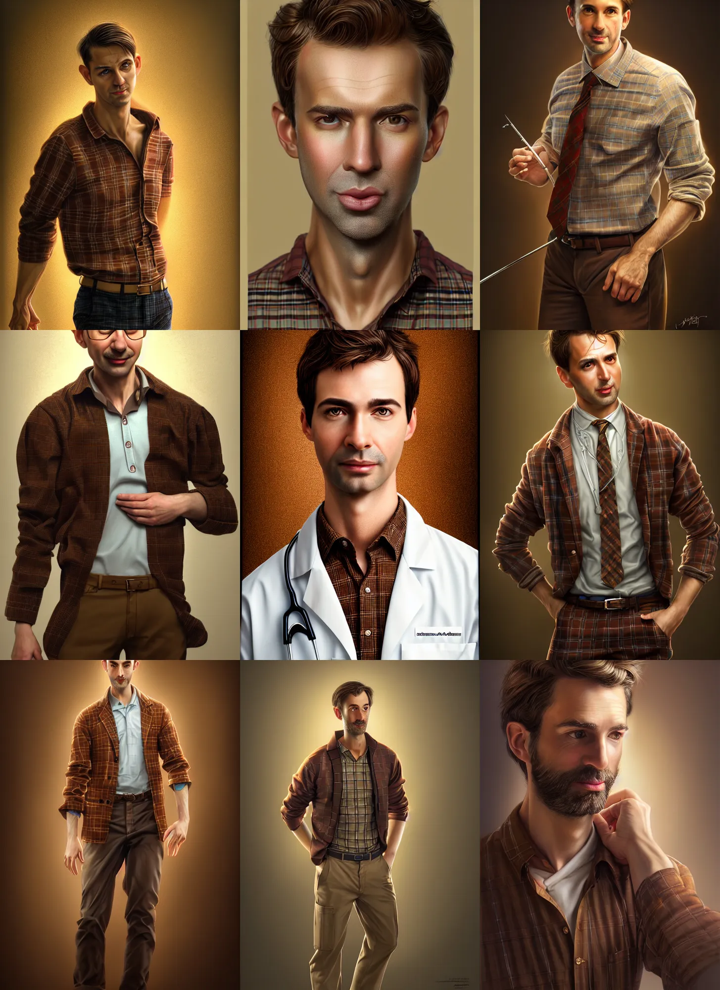 Prompt: male surgeon, brown hair, khakis, plaid shirt, diffuse lighting, fantasy, intricate, elegant, highly detailed, lifelike, photorealistic, digital painting, artstation, illustration, concept art, smooth, sharp focus, art by John Collier and Albert Aublet and James jean and Brian froud and ross tran and Artem Demura and Alphonse Mucha