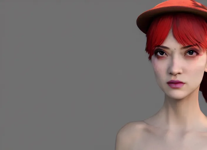 Prompt: stunning render portrait of a beautiful oriental woman with red hair wearing a hat, her eyes are green. 4 k, daz, octane, zbrush, maya, 8 k, artstation.