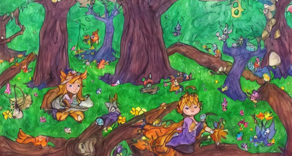 Image similar to Enchanted and magic forest, by a 8 years old kid,