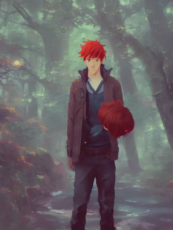 Prompt: [portrait of a cute man with red hair, makoto shinkai, thomas kinkade, james gilleard, very detailed]