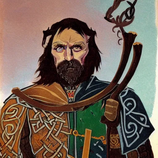 Image similar to full face portrait of fantasy Celtic chieftain and Magus 'Eoghaill na Murnach' or 'Eoghaill of the Murine Horde'. Gouache art, historical illustration, in the style of Angus McBride.