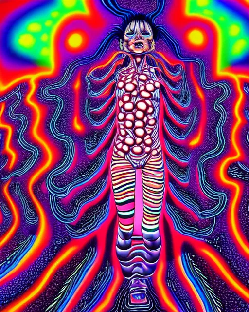 Image similar to human body breaking away, conjuring psychedelic background, part by shintaro kago, part by alex gray, ultra realistic, highly detailed, 8 k, trending on artstation, fractalism, symmetry