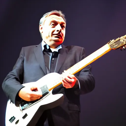 Image similar to viktor orban with a guitar, concert photography