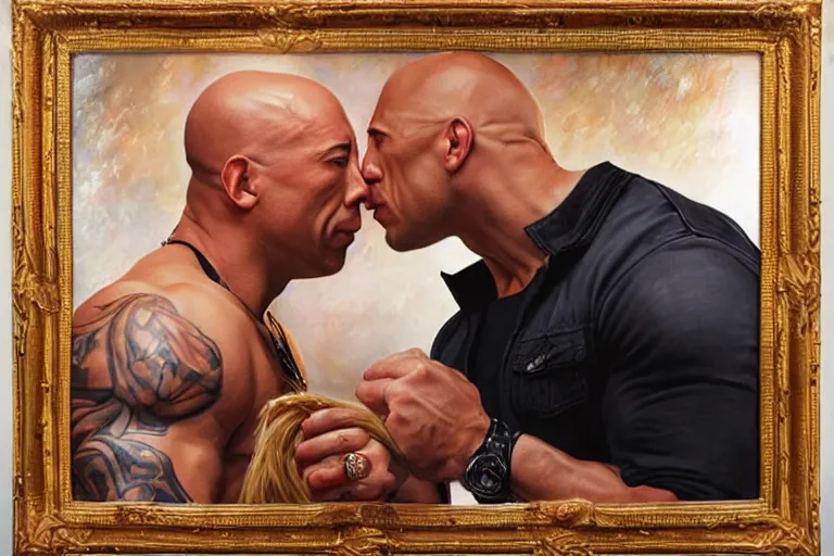 Image similar to portrait of vin diesel and dwayne the rock johnson sharing spaghetti noodle kiss, an oil painting by ross tran and thomas kincade