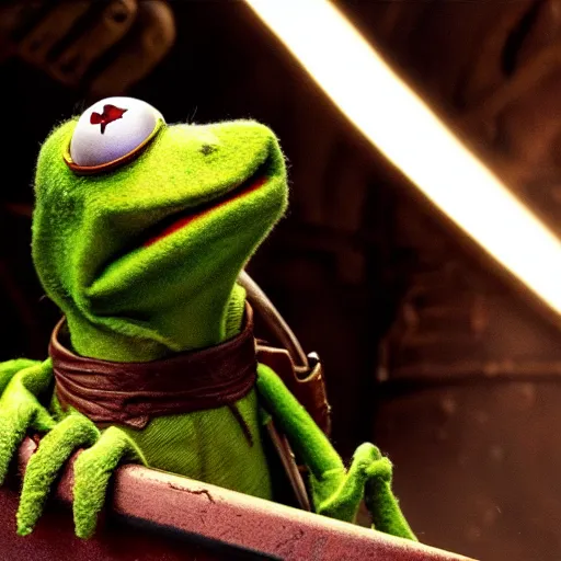 Prompt: kermit as a warlord in madmax fury road, 4 k, high detail, high - resolution photograph, professional photography, ultra - detail