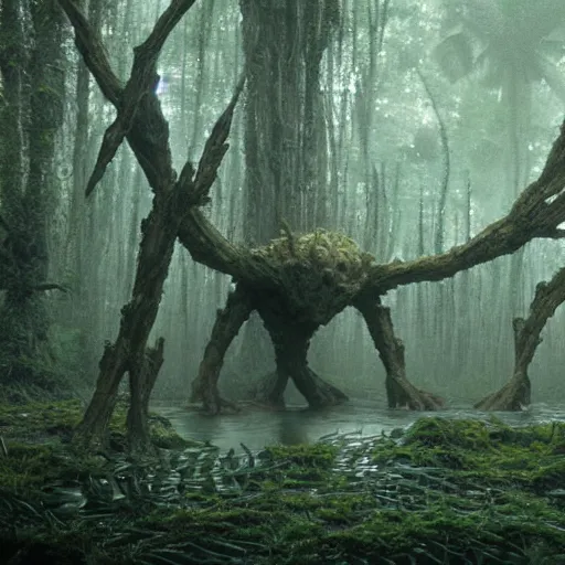 Prompt: a complex organic fractal 3 d metallic symbiotic ceramic humanoid megastructure creature in a swampy lush forest, foggy, cinematic shot, photo still from movie by denis villeneuve, wayne barlowe, polaroid